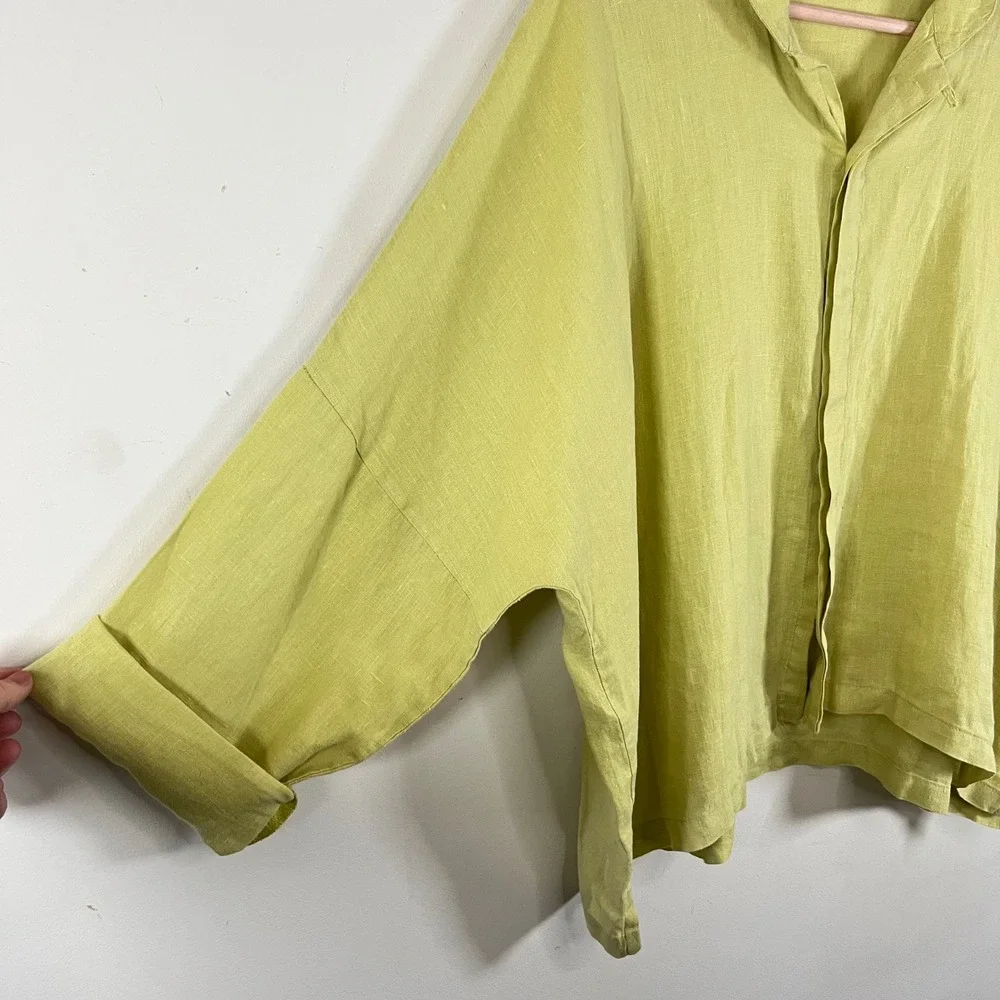 Planet By Lauren G Linen Chartreuse Green Signature Shirt Lagenlook USA Made OS - Picture 3 of 8
